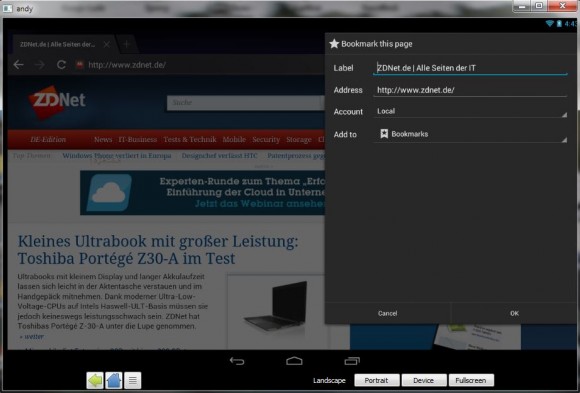 Andy: Die Android-Emulation basiert auf Virtualbox 4.3.10 (Screenshot: ZDNet.de)