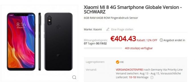   Gearbest: Mi 8 for 404 Euro (screen capture: ZDNet.de) 